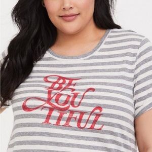 Torrid Gray and White Striped Tee with Red Print Beautiful